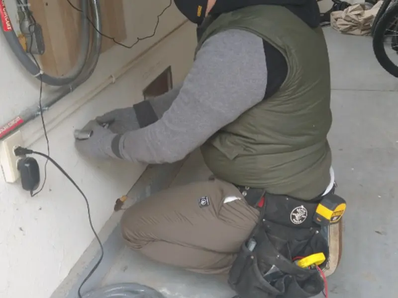 Electrician performing outlet wiring in a Tustin garage